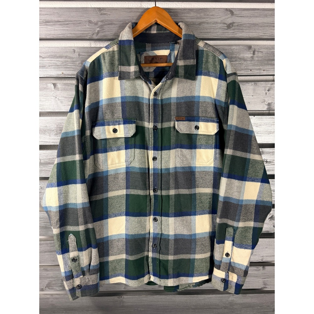 Orvis Mens XXL Plaid Flannel Shirt Green Heavyweight Shacket Jacket Long Sleeve